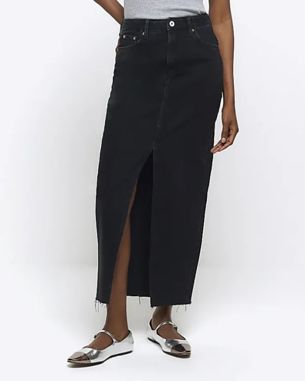 Black split hem denim maxi skirt