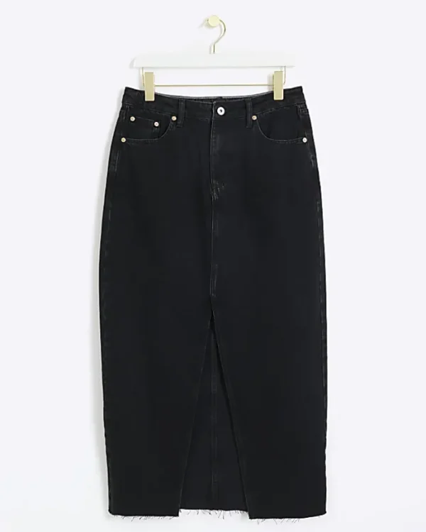 Black split hem denim maxi skirt