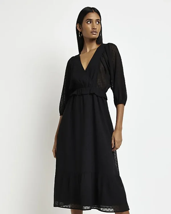 Black spot long sleeve wrap midi dress