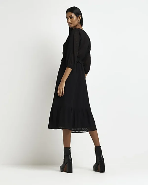 Black spot long sleeve wrap midi dress