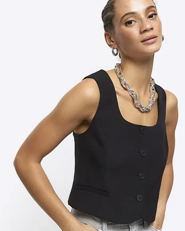 Black square neck crop waistcoat