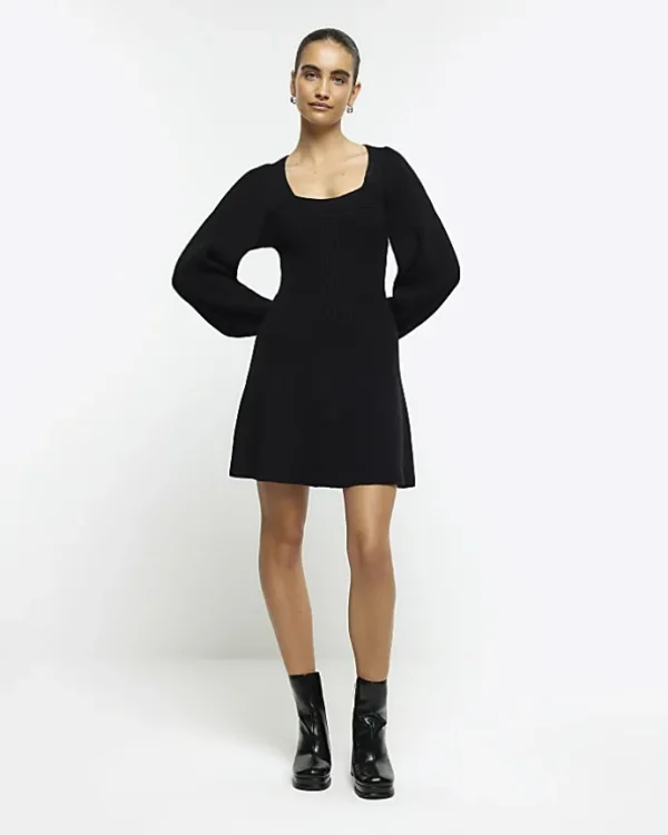 Black square neck jumper mini dress