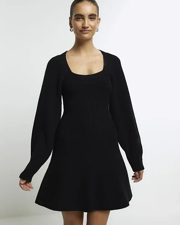 Black square neck jumper mini dress