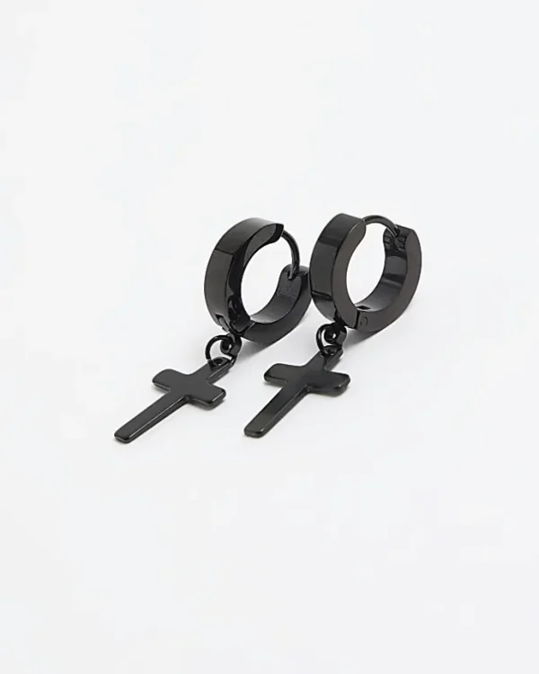 Black stainless steel cross hoop earrings