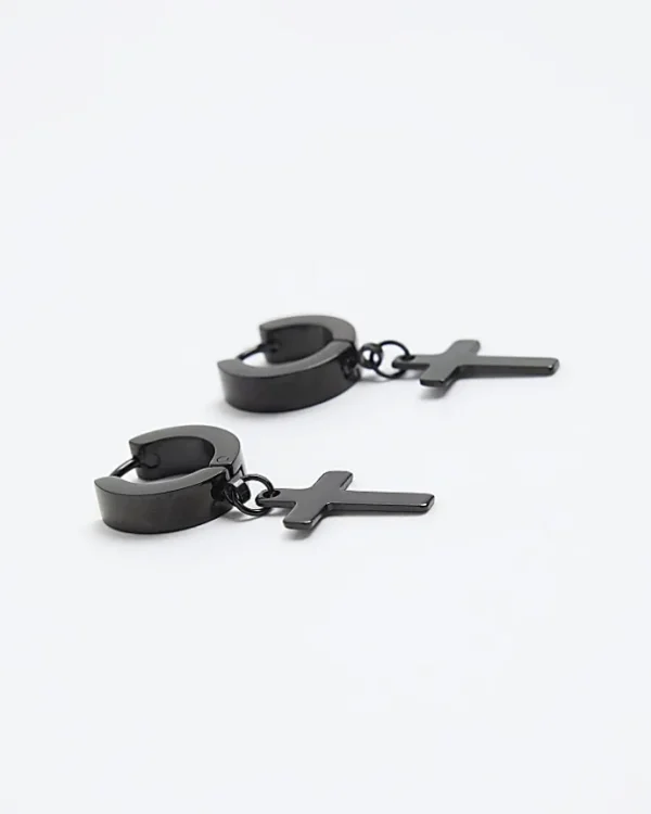 Black stainless steel cross hoop earrings