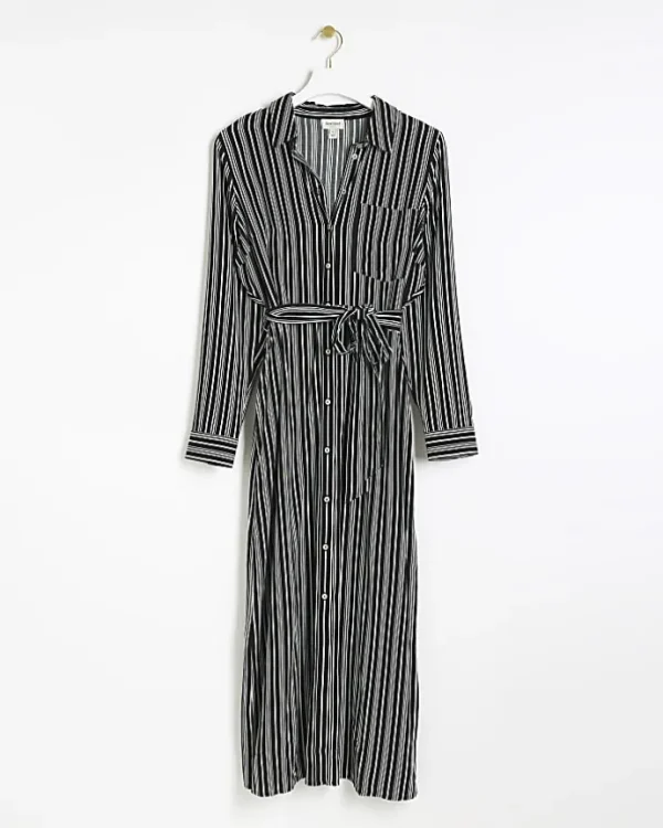 Black stripe belted midi shirt dress