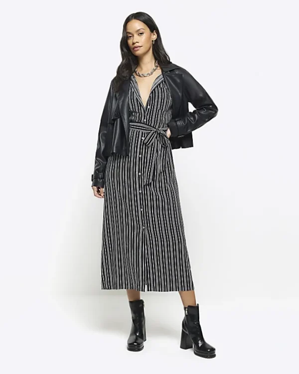 Black stripe belted midi shirt dress