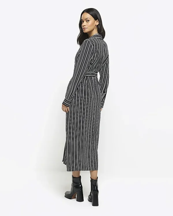 Black stripe belted midi shirt dress