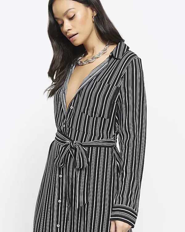 Black stripe belted midi shirt dress