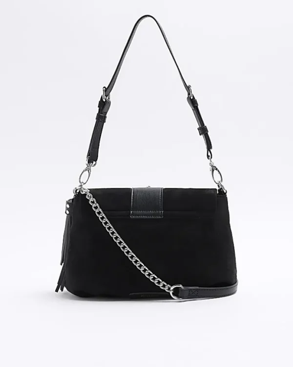 Black suedette buckle shoulder bag