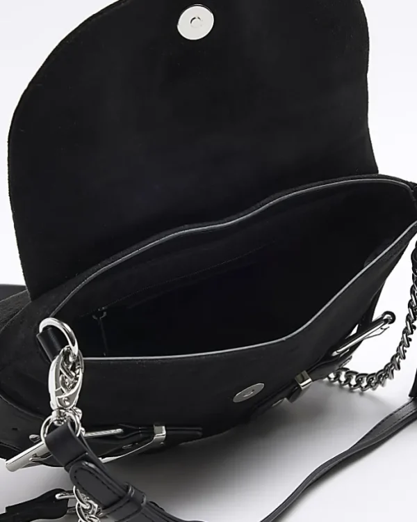 Black suedette buckle shoulder bag