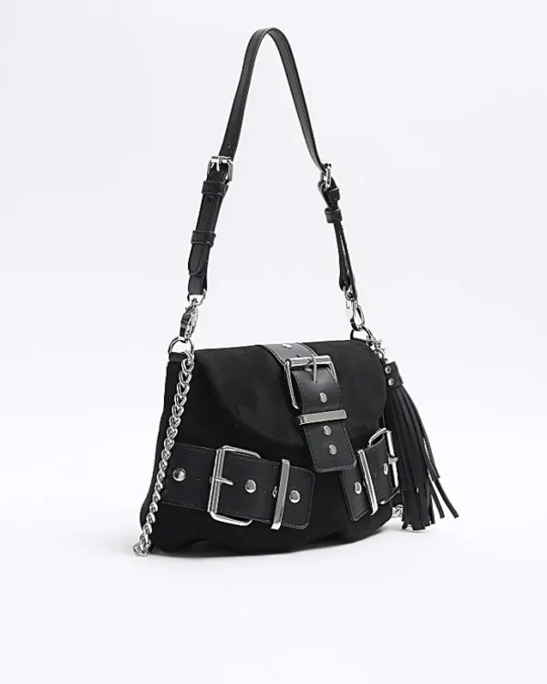 Black suedette buckle shoulder bag