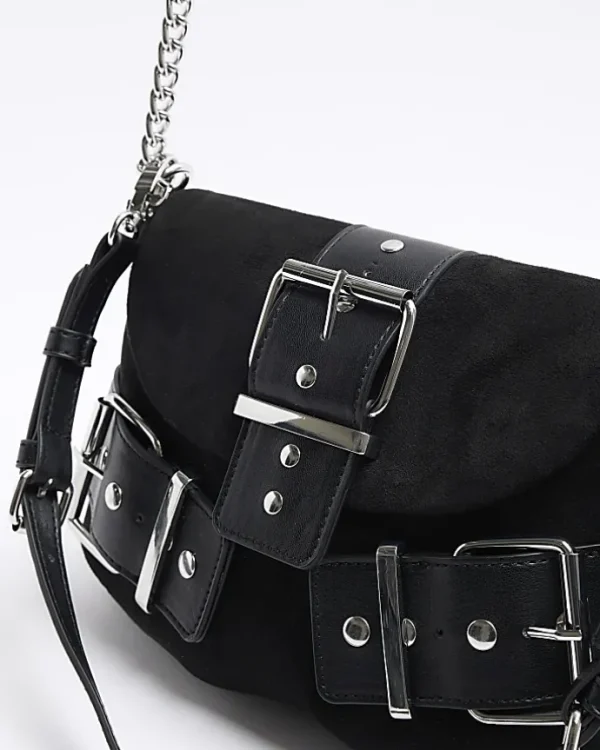 Black suedette buckle shoulder bag