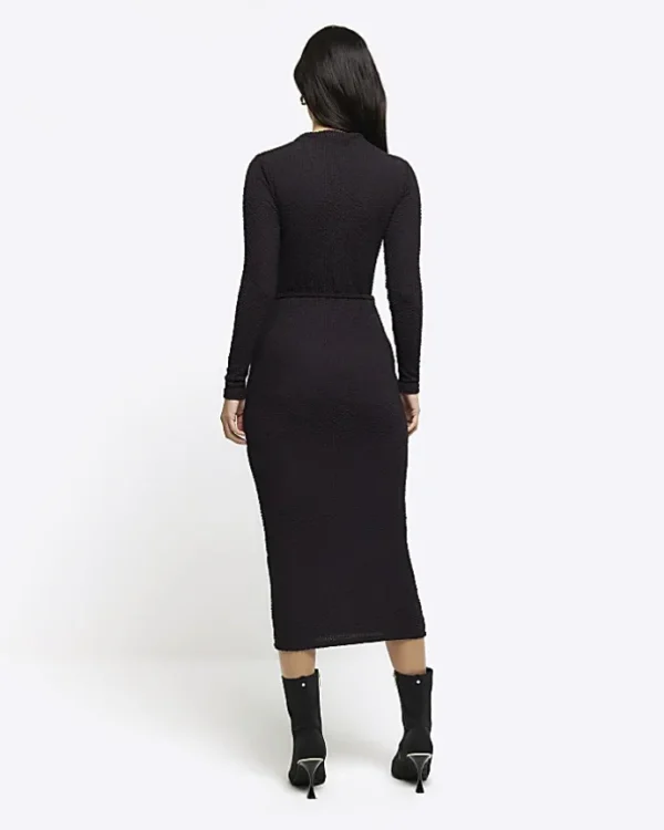 Black textured belted bodycon midi dress