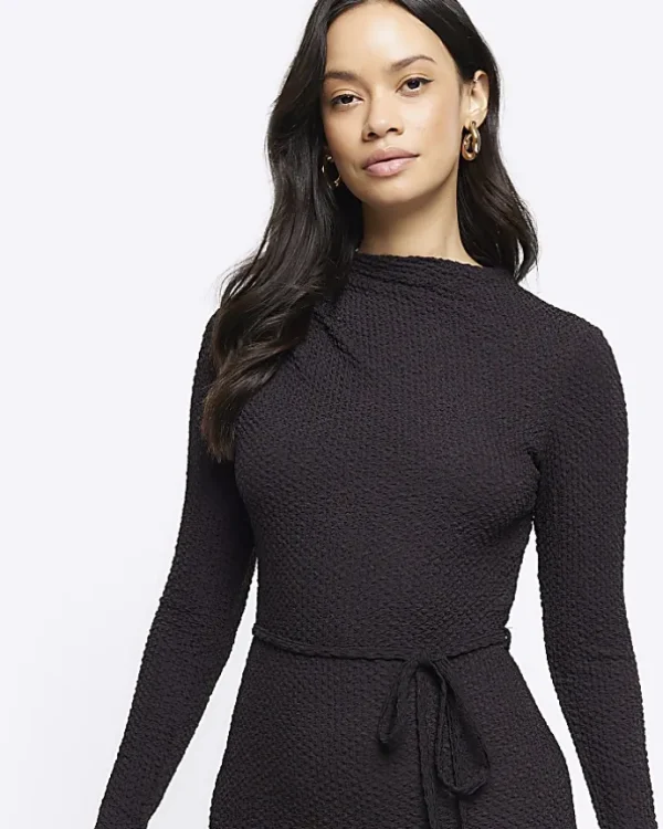 Black textured belted bodycon midi dress