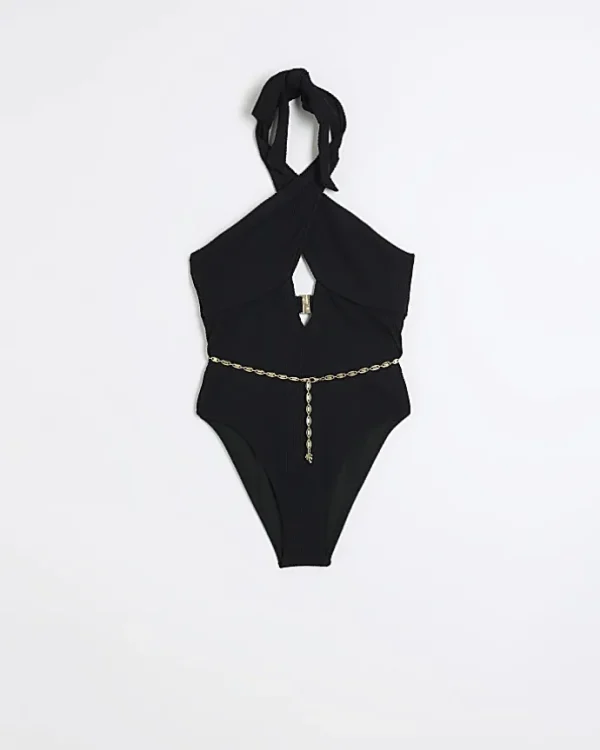 Black Textured Cut Out Belted Swimsuit