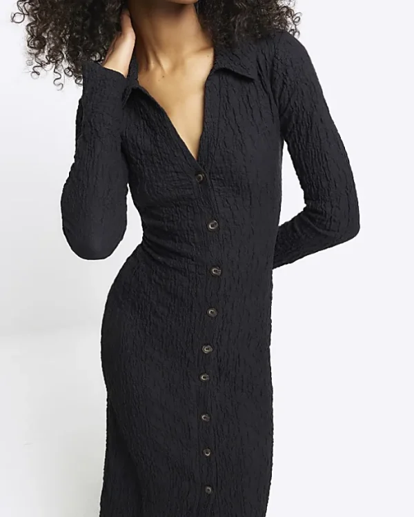 Black Textured Midi Shirt Dress