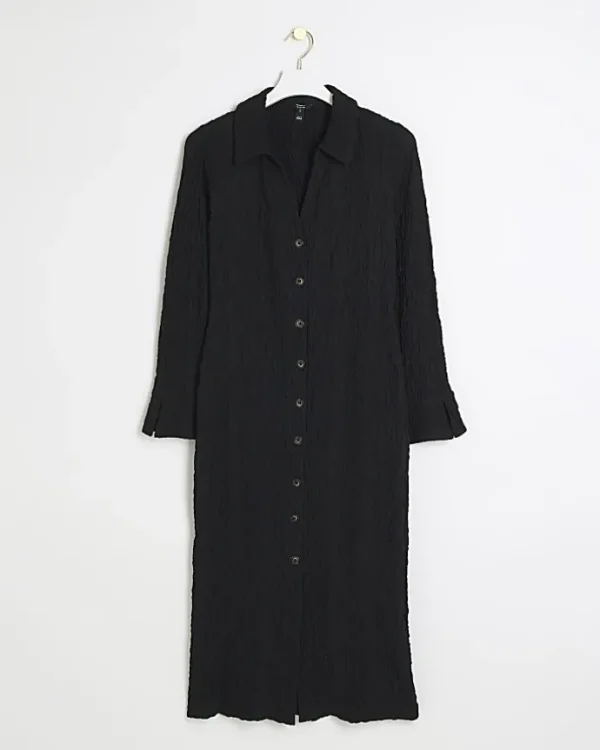 Black Textured Midi Shirt Dress