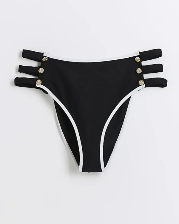 Black textured strap bikini bottoms