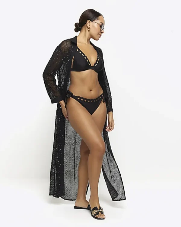 Black tie side scallop brief bikini bottoms