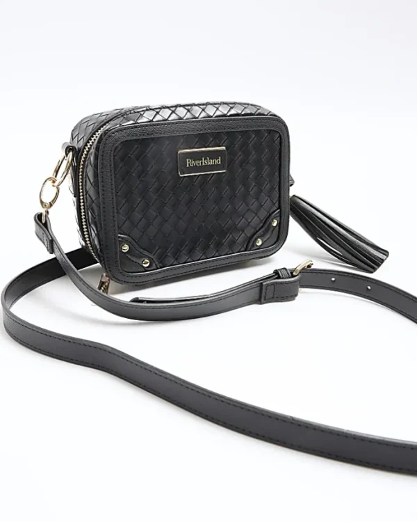 Black weave oval cross body bag