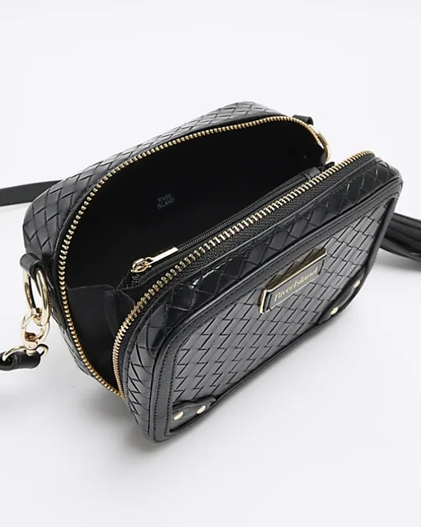 Black weave oval cross body bag