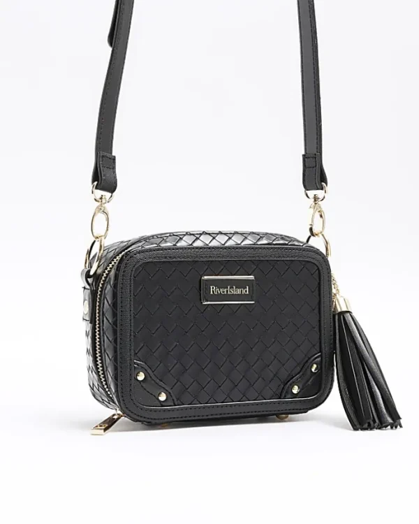 Black weave oval cross body bag