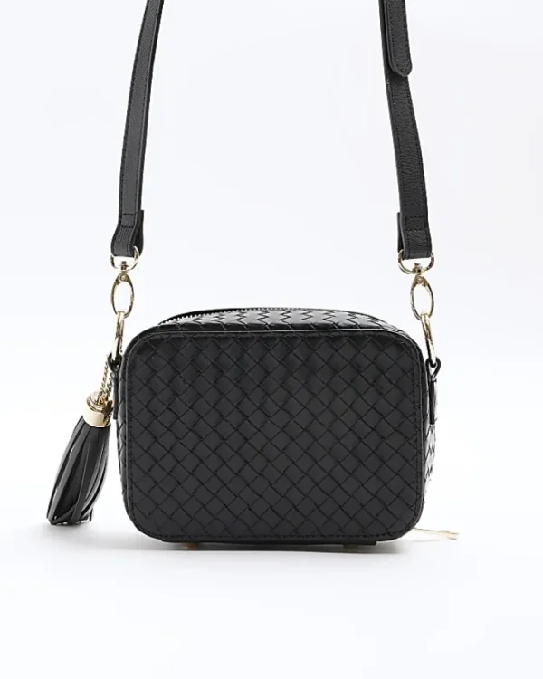 Black weave oval cross body bag