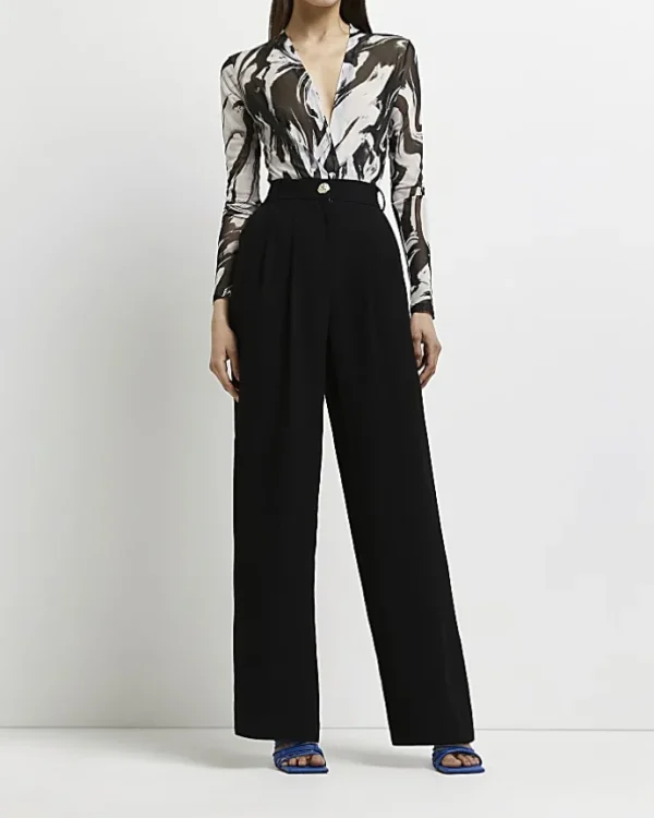 Black wide leg pleated trousers