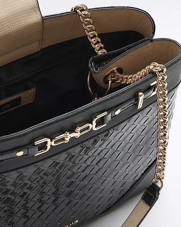 Black woven chain tote bag