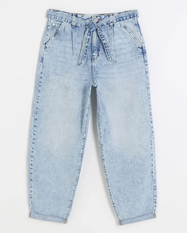 Blue belted relaxed straight jeans