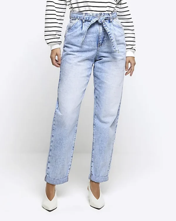 Blue belted relaxed straight jeans