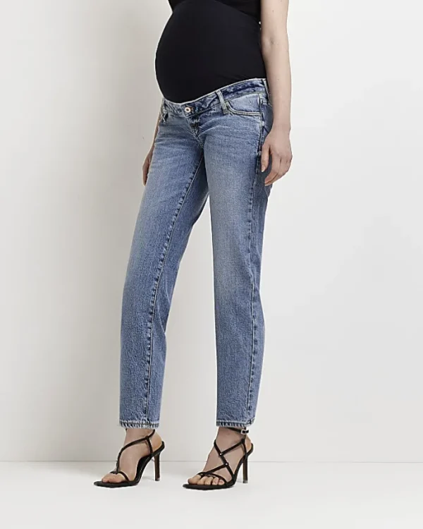 Blue denim low rise straight jeans