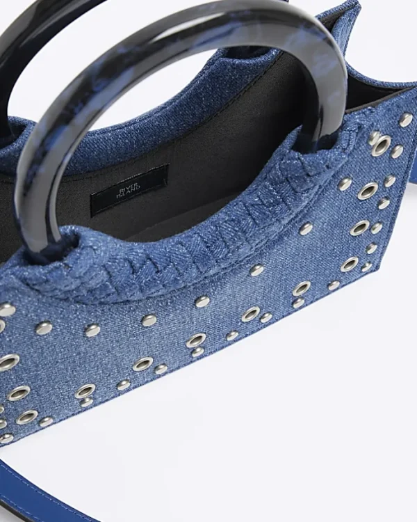 Blue denim studded cross body bag