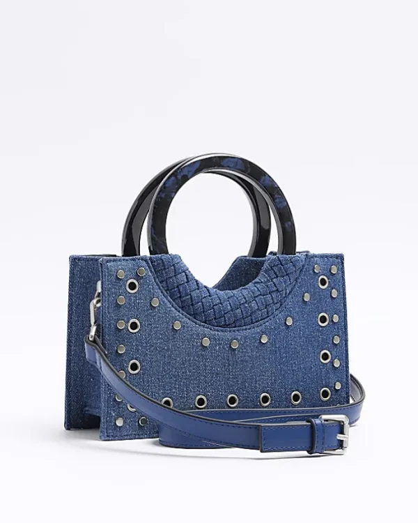 Blue denim studded cross body bag