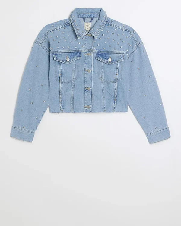 Blue embellished crop denim jacket