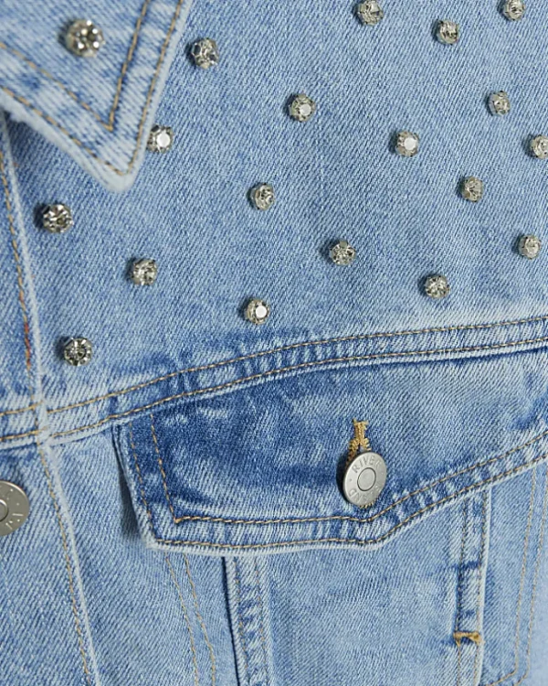 Blue embellished crop denim jacket