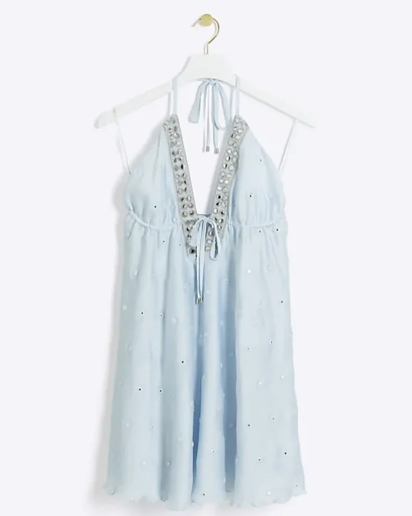 Blue embellished plunge beach mini dress