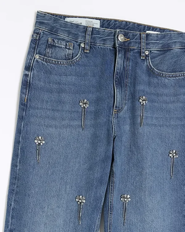 Blue embellished relaxed straight jeans