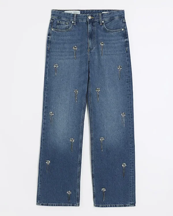 Blue embellished relaxed straight jeans