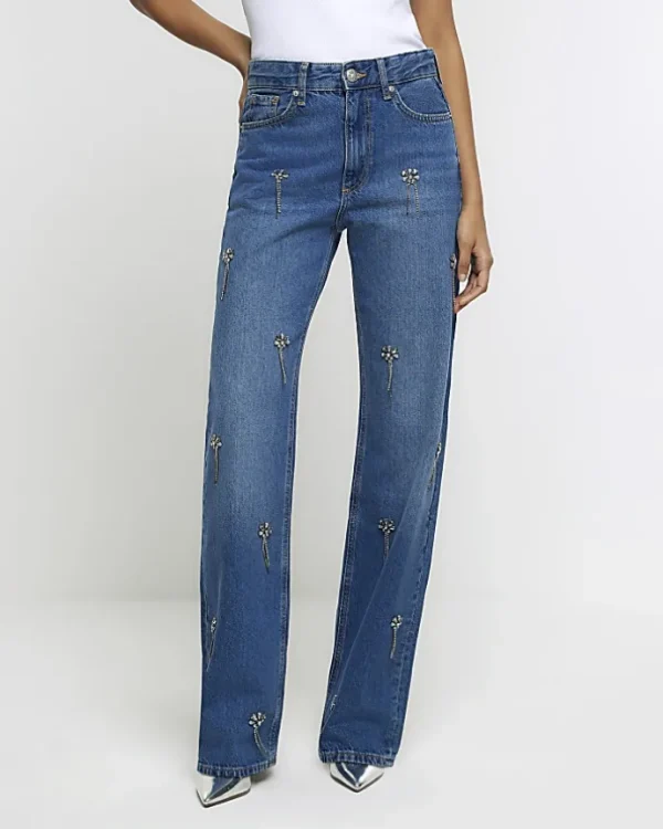 Blue embellished relaxed straight jeans