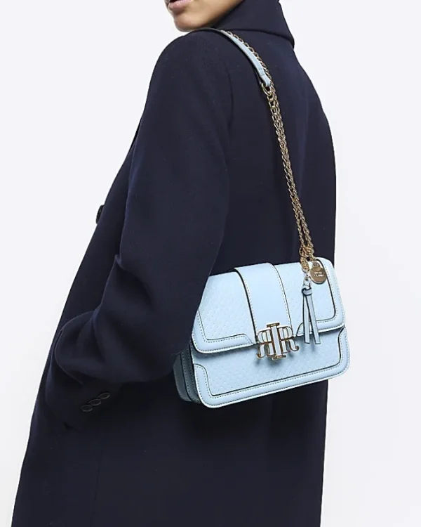 Blue embossed woven satchel bag