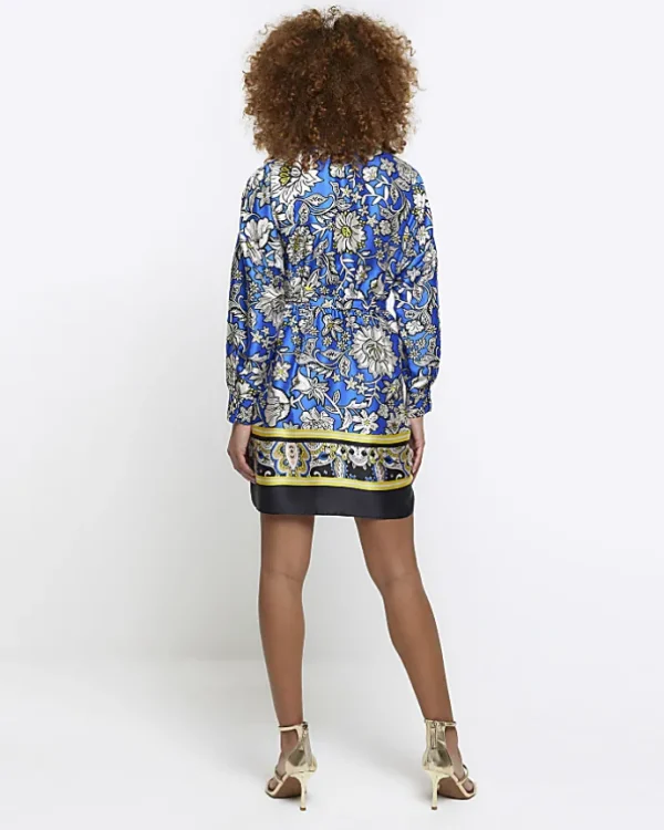 Blue floral belted mini shirt dress