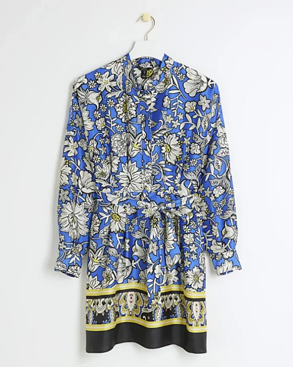 Blue floral belted mini shirt dress