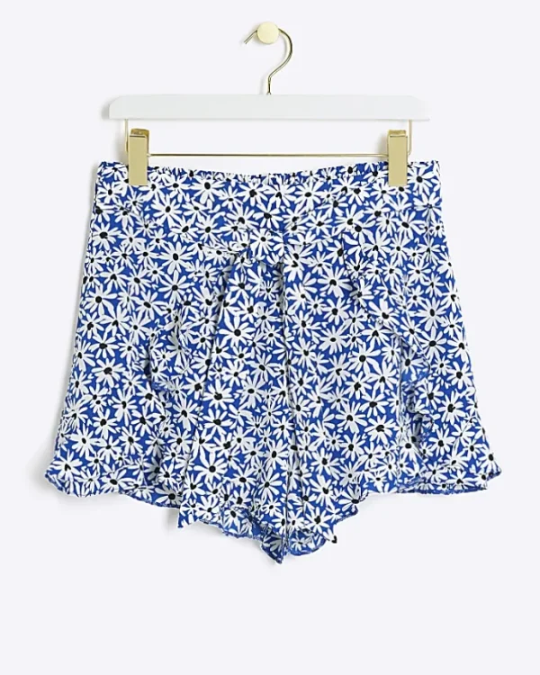 Blue floral belted shorts