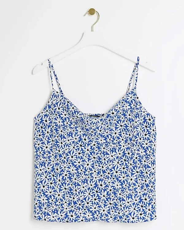 Blue floral cowl neck cami top