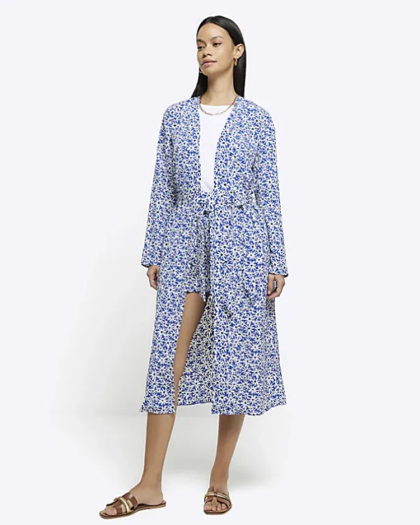 Blue floral tie waist longline duster jacket