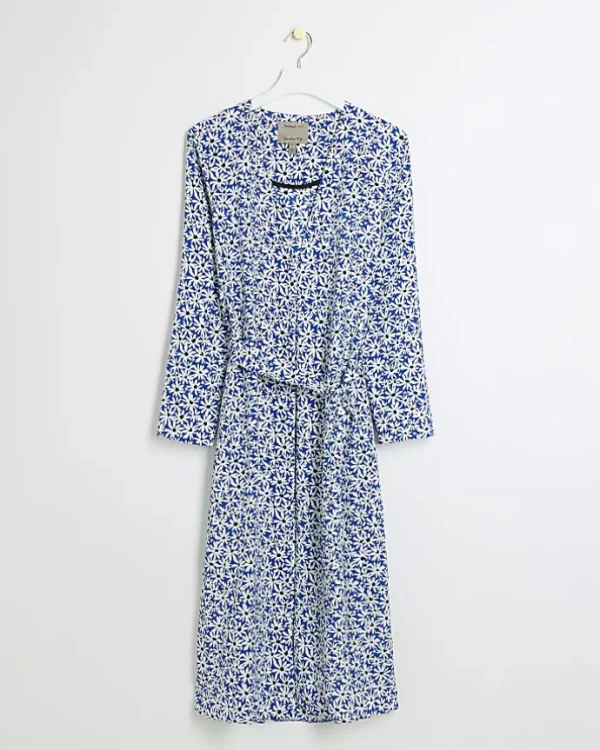 Blue floral tie waist longline duster jacket