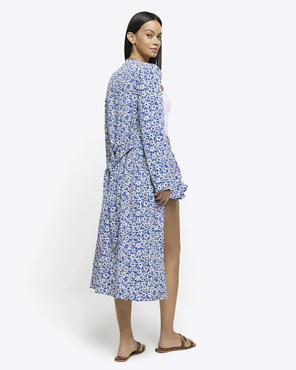 Blue floral tie waist longline duster jacket