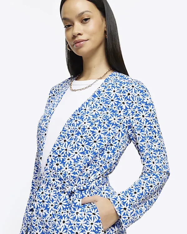 Blue floral tie waist longline duster jacket